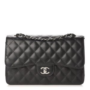 CHANEL Caviar Quilted Jumbo Double Flap in Black with silver hardware